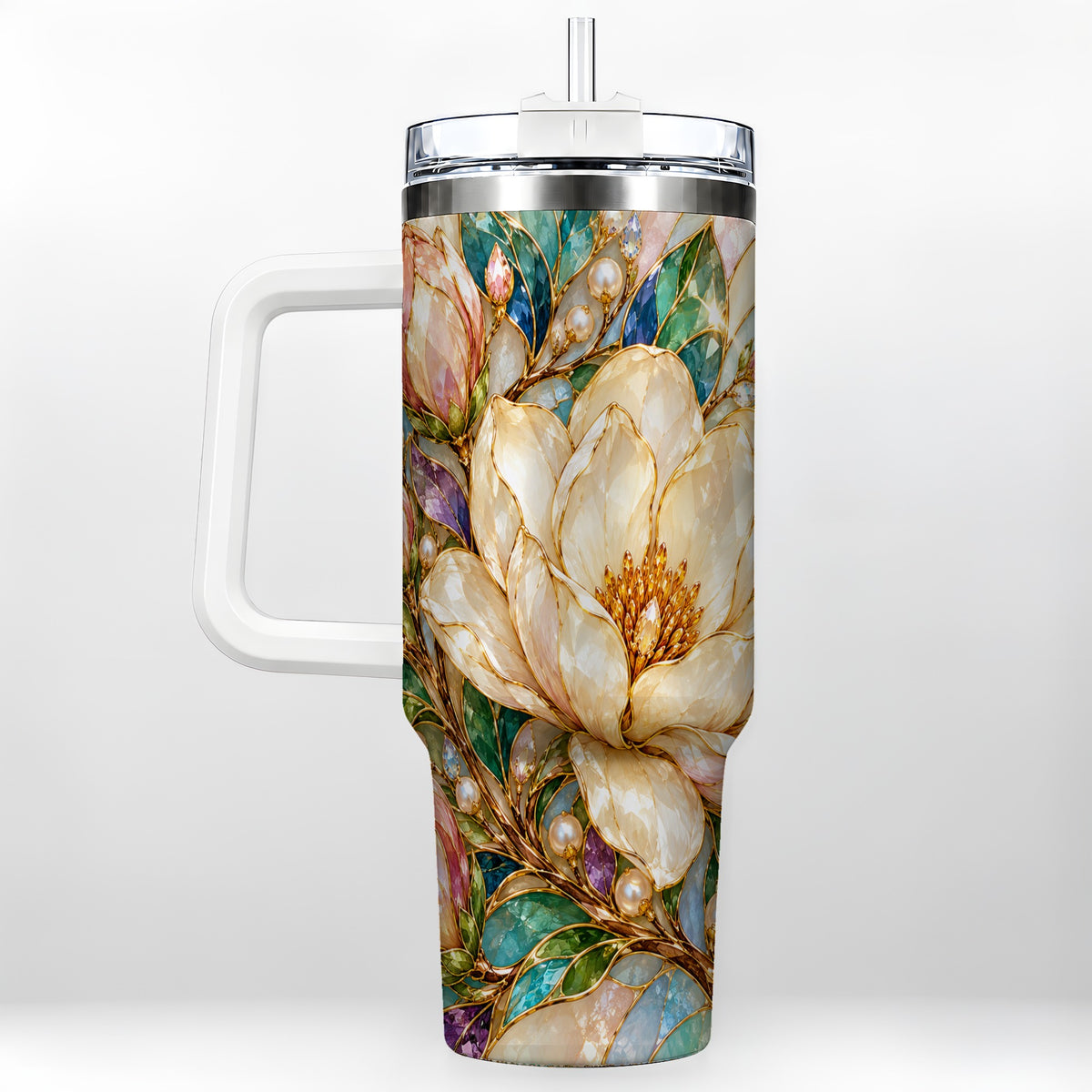 Pearl Floral 40oz Tumbler with Handle, Blossom Stainless Steel Travel Cup