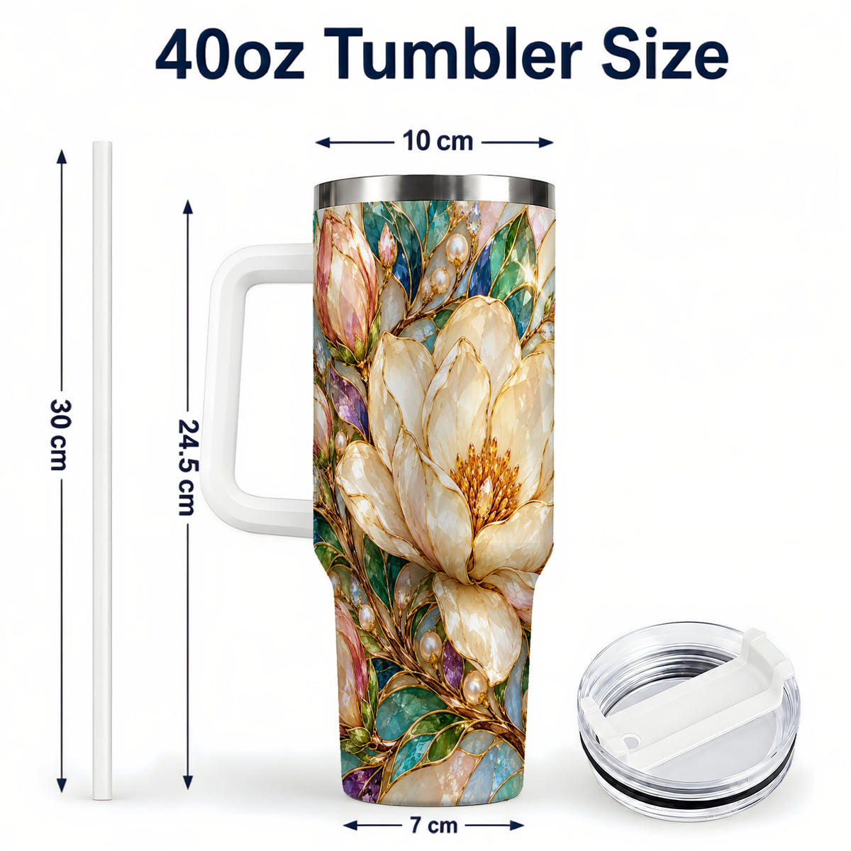 #pl[40oz|White] Pearl Floral 40oz Tumbler with Handle, Blossom Stainless Steel Travel Cup