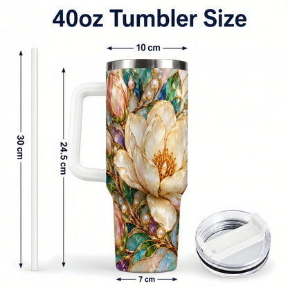#pl[40oz|White] Pearl Floral 40oz Tumbler with Handle, Blossom Stainless Steel Travel Cup