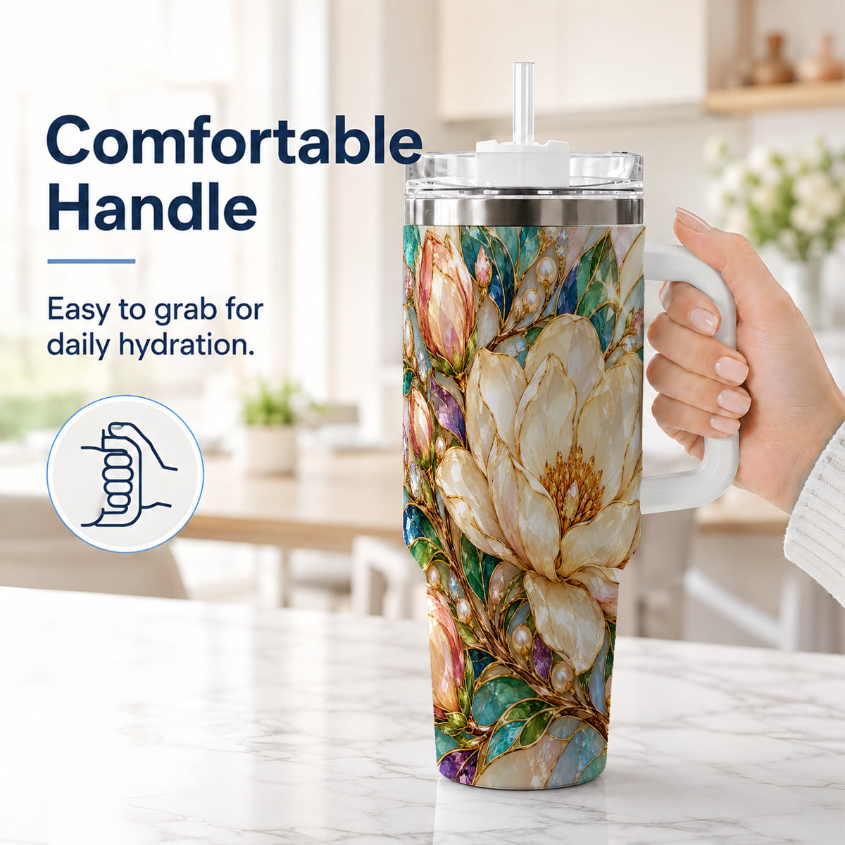 #pl[40oz|White] Pearl Floral 40oz Tumbler with Handle, Blossom Stainless Steel Travel Cup