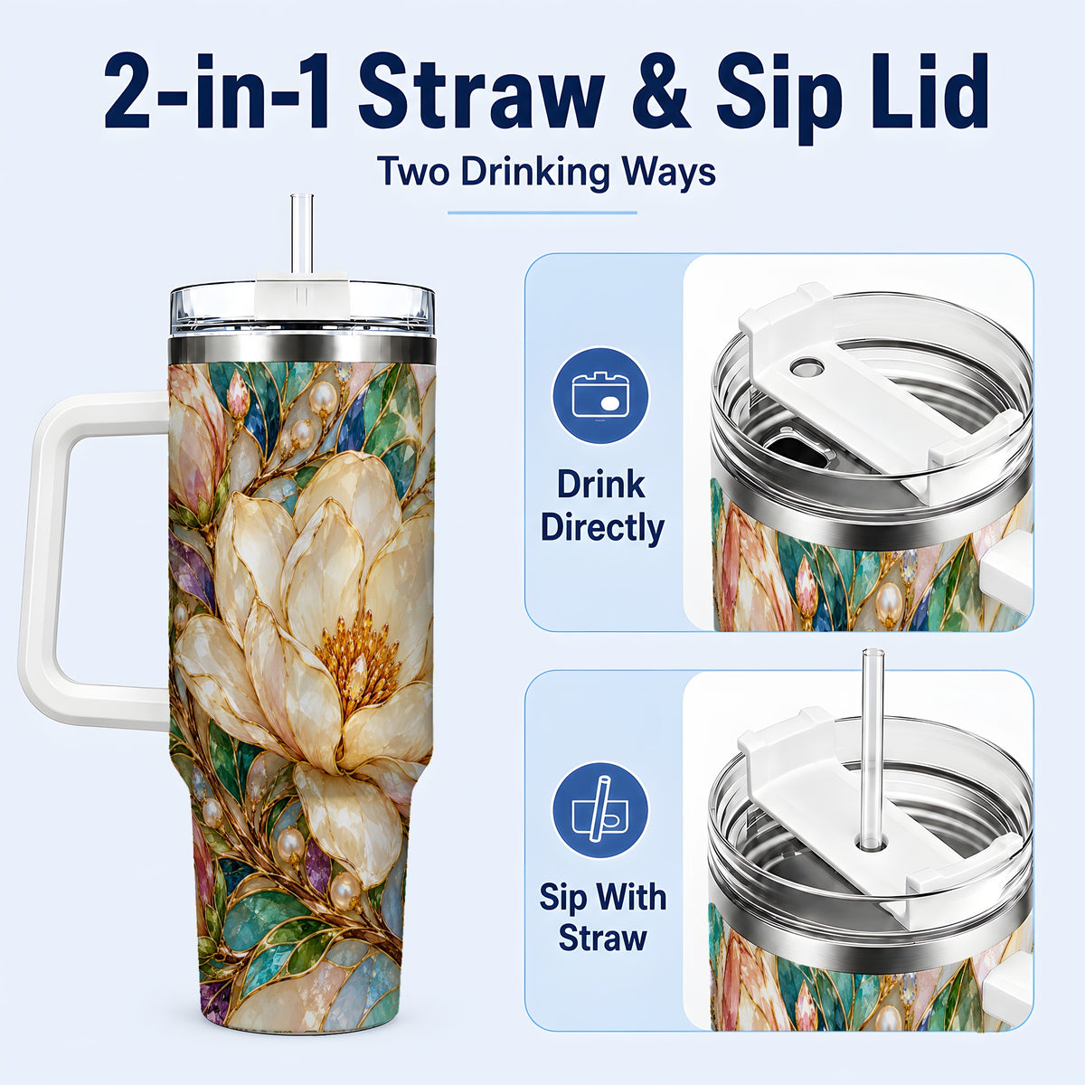 #pl[40oz|White] Pearl Floral 40oz Tumbler with Handle, Blossom Stainless Steel Travel Cup