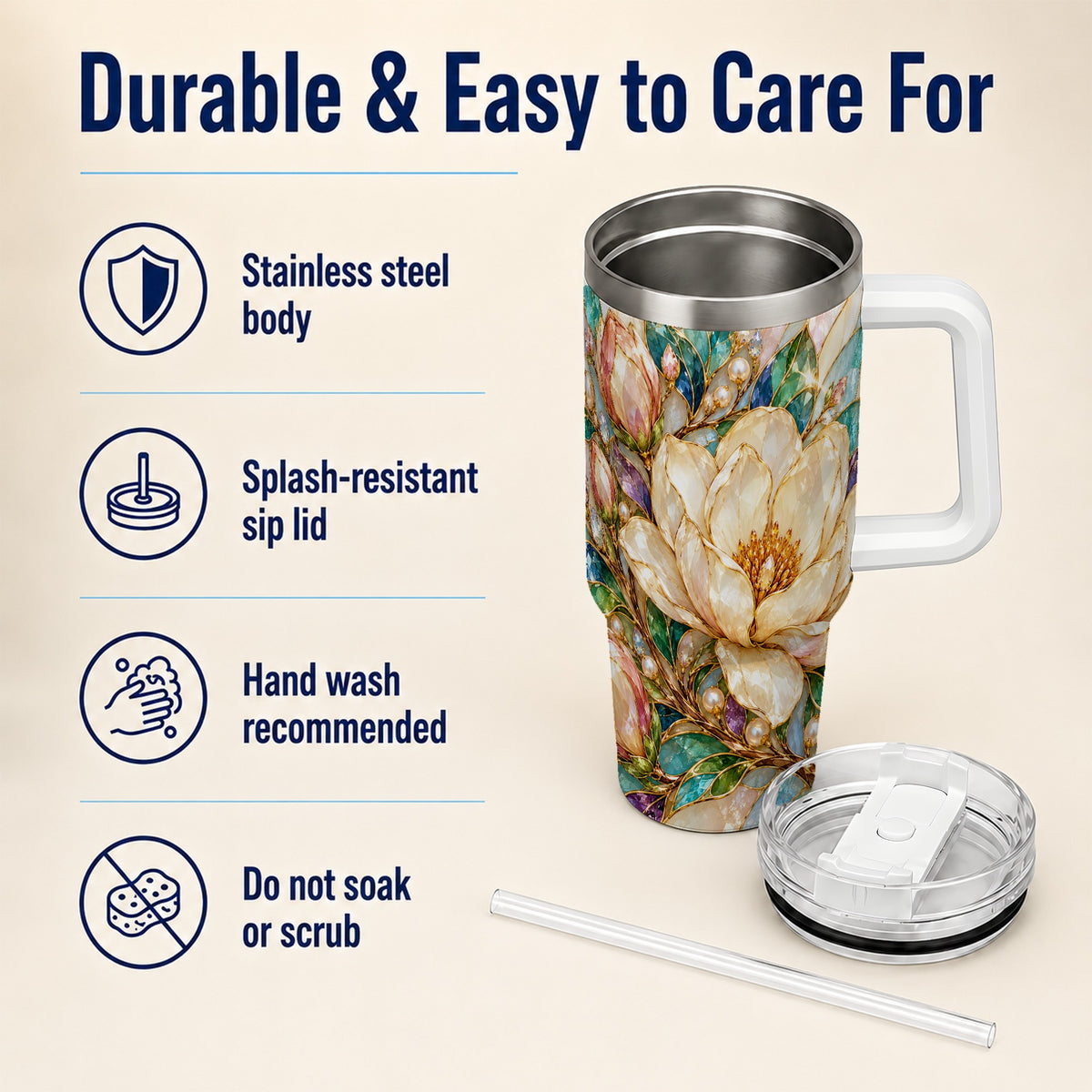 Pearl Floral 40oz Tumbler with Handle, Blossom Stainless Steel Travel Cup
