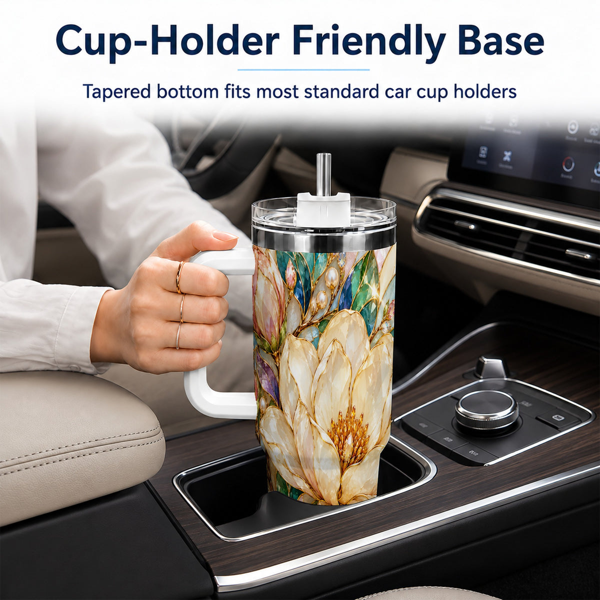 Pearl Floral 40oz Tumbler with Handle, Blossom Stainless Steel Travel Cup