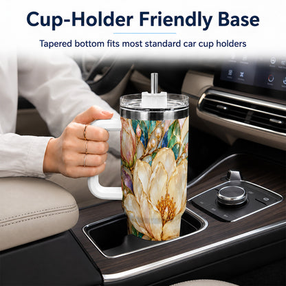 Pearl Floral 40oz Tumbler with Handle, Blossom Stainless Steel Travel Cup