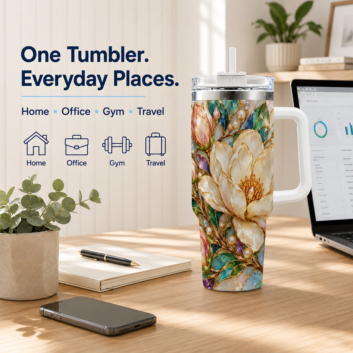 Pearl Floral 40oz Tumbler with Handle, Blossom Stainless Steel Travel Cup