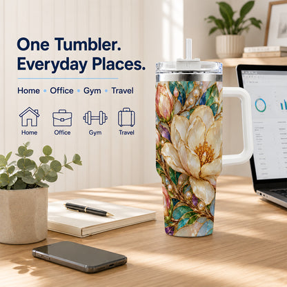 Pearl Floral 40oz Tumbler with Handle, Blossom Stainless Steel Travel Cup