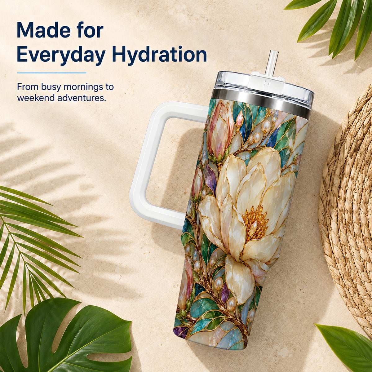 Pearl Floral 40oz Tumbler with Handle, Blossom Stainless Steel Travel Cup