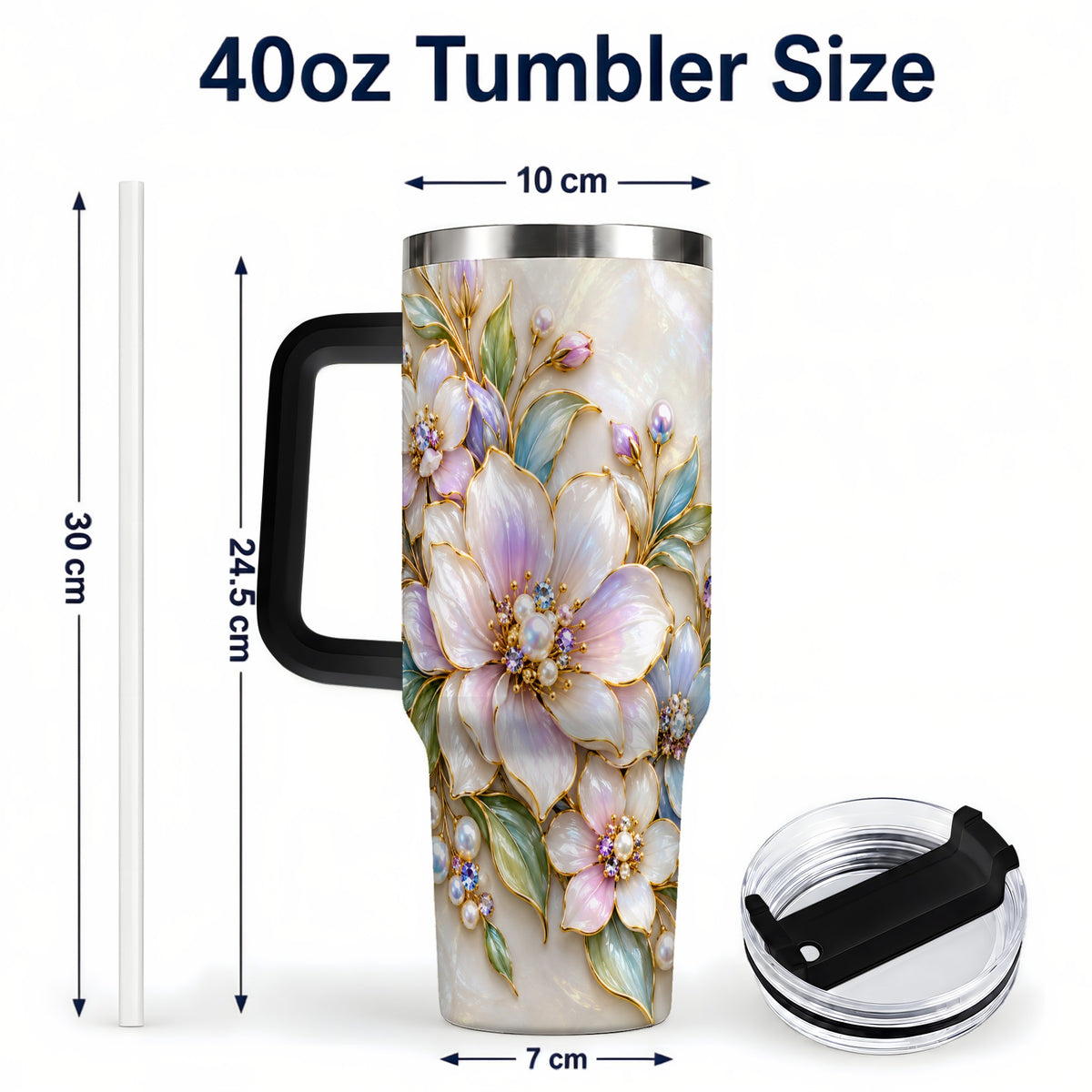 #pl[40oz|Black] Pastel Floral 40oz Tumbler with Handle, Pearl Stainless Steel Travel Cup