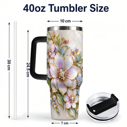 #pl[40oz|Black] Pastel Floral 40oz Tumbler with Handle, Pearl Stainless Steel Travel Cup