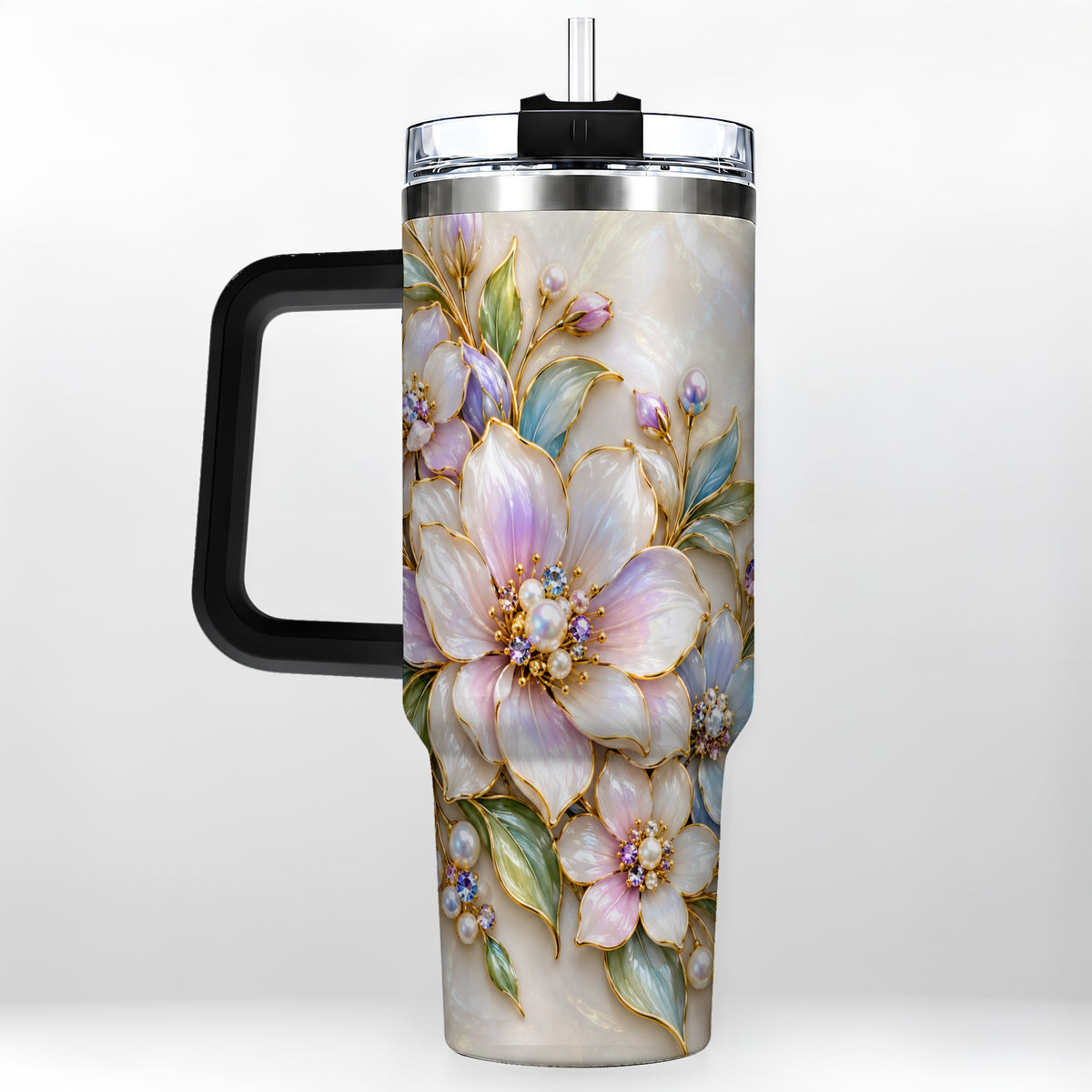 #pl[40oz|Black] Pastel Floral 40oz Tumbler with Handle, Pearl Stainless Steel Travel Cup