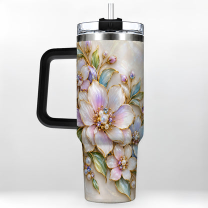 #pl[40oz|Black] Pastel Floral 40oz Tumbler with Handle, Pearl Stainless Steel Travel Cup