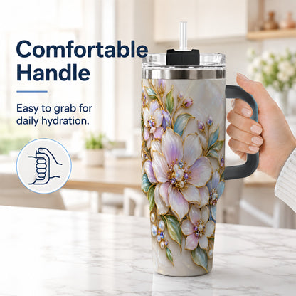 #pl[40oz|Black] Pastel Floral 40oz Tumbler with Handle, Pearl Stainless Steel Travel Cup