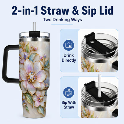 #pl[40oz|Black] Pastel Floral 40oz Tumbler with Handle, Pearl Stainless Steel Travel Cup