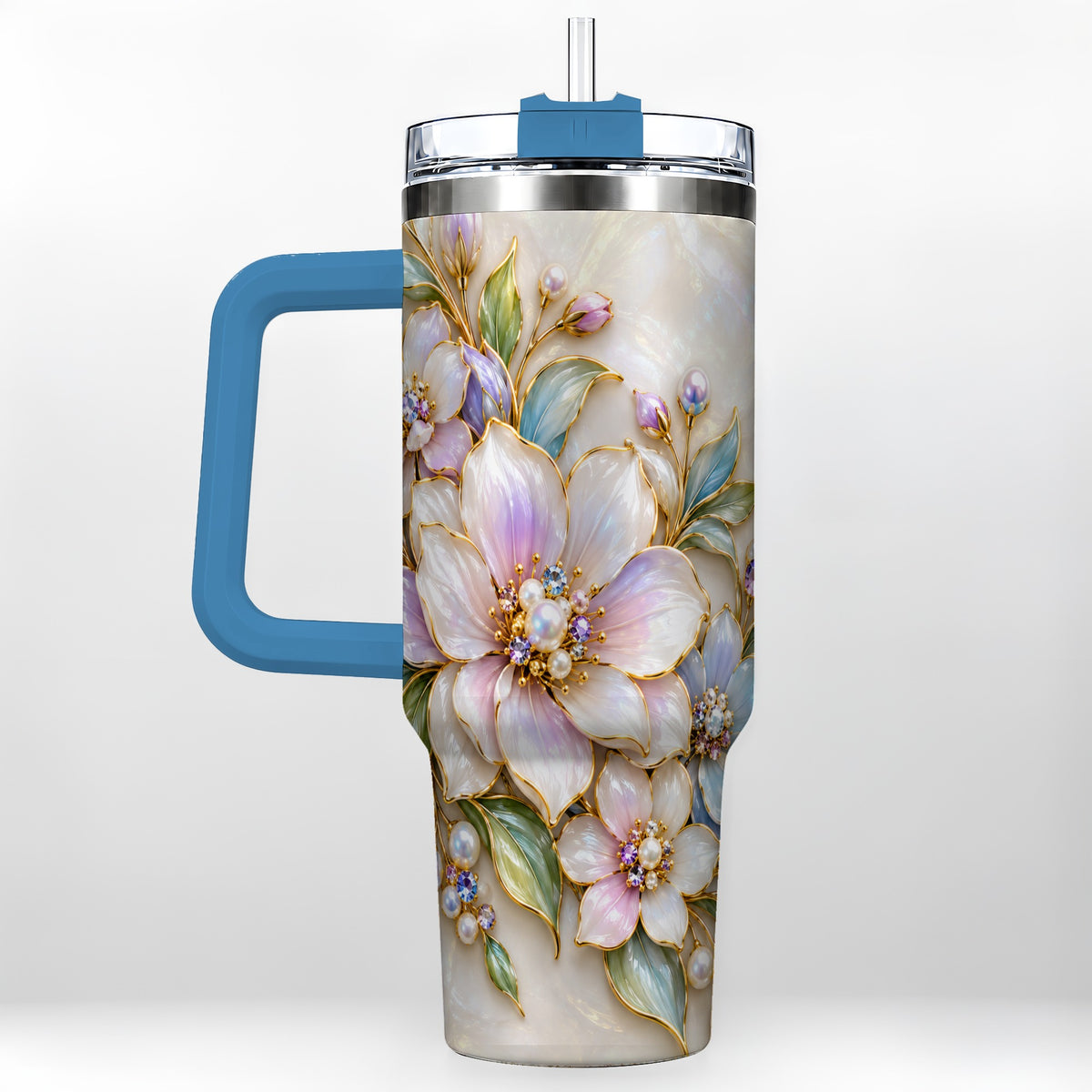 #pl[40oz|Blue] Pastel Floral 40oz Tumbler with Handle, Pearl Stainless Steel Travel Cup