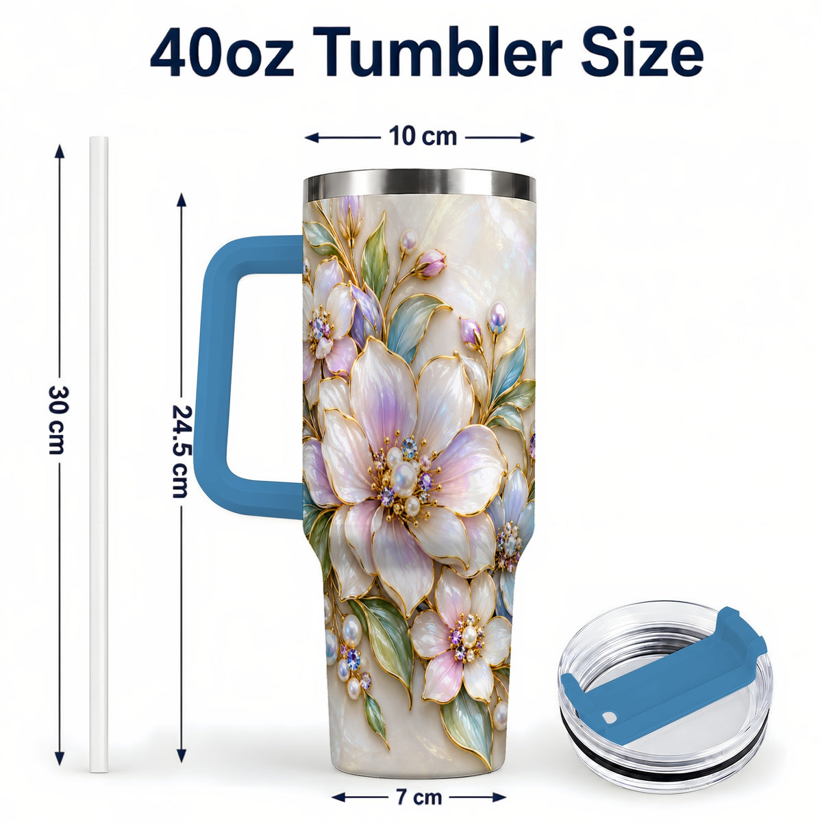 #pl[40oz|Blue] Pastel Floral 40oz Tumbler with Handle, Pearl Stainless Steel Travel Cup