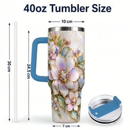 #pl[40oz|Blue] Pastel Floral 40oz Tumbler with Handle, Pearl Stainless Steel Travel Cup