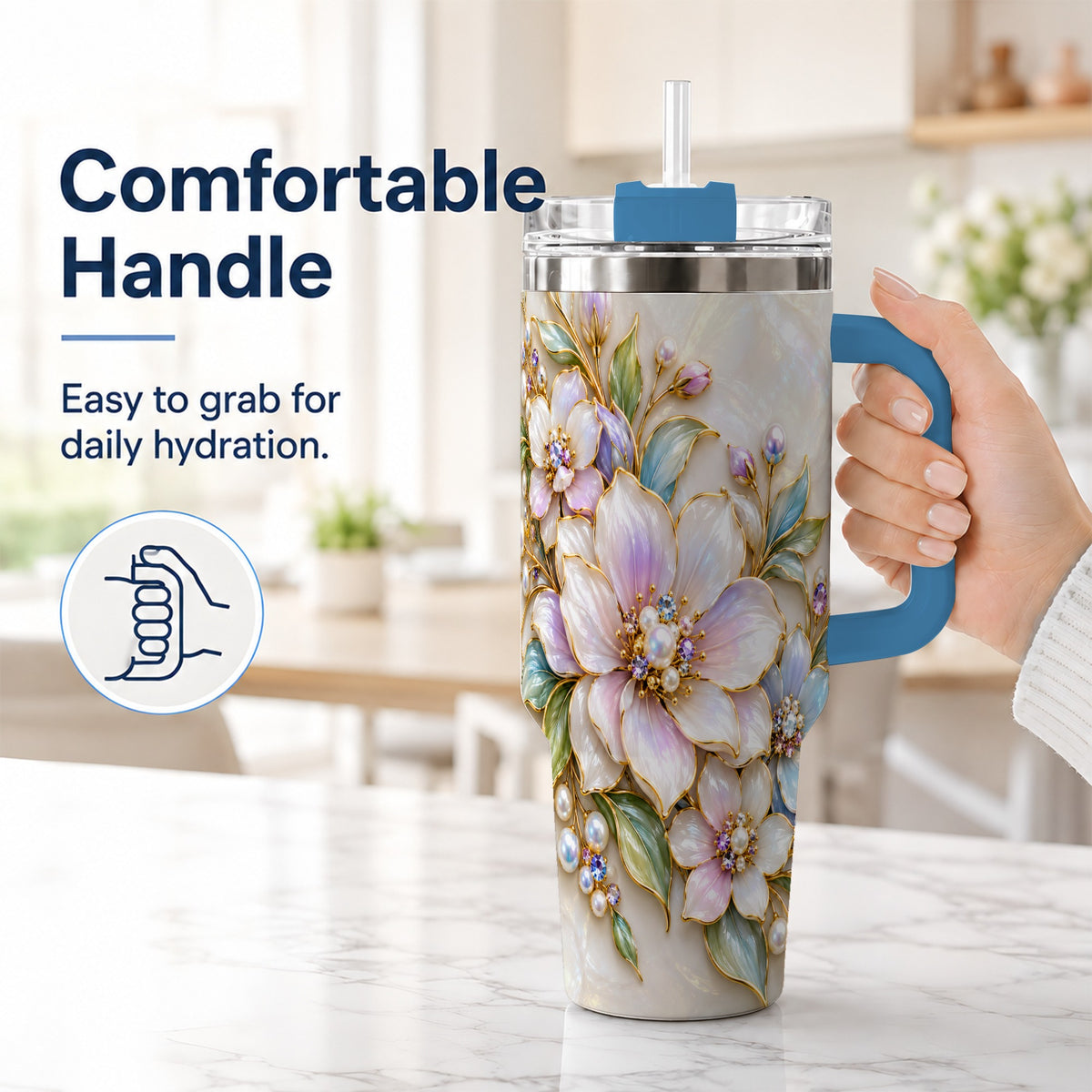 #pl[40oz|Blue] Pastel Floral 40oz Tumbler with Handle, Pearl Stainless Steel Travel Cup
