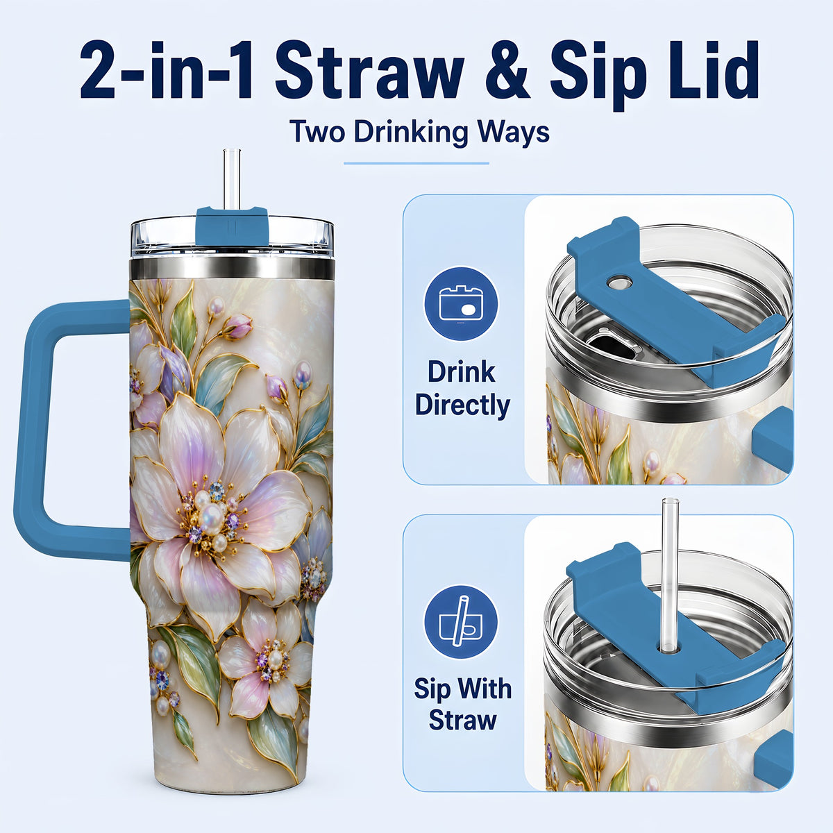 #pl[40oz|Blue] Pastel Floral 40oz Tumbler with Handle, Pearl Stainless Steel Travel Cup