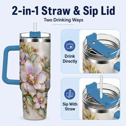 #pl[40oz|Blue] Pastel Floral 40oz Tumbler with Handle, Pearl Stainless Steel Travel Cup