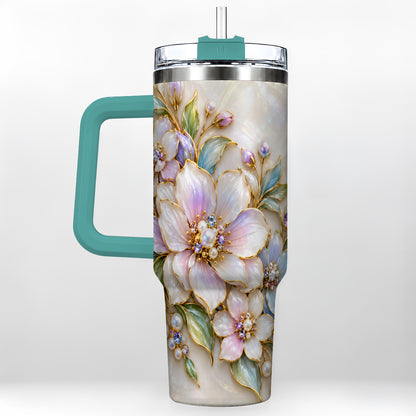#pl[40oz|Green] Pastel Floral 40oz Tumbler with Handle, Pearl Stainless Steel Travel Cup