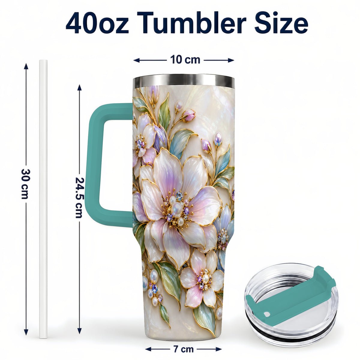 #pl[40oz|Green] Pastel Floral 40oz Tumbler with Handle, Pearl Stainless Steel Travel Cup