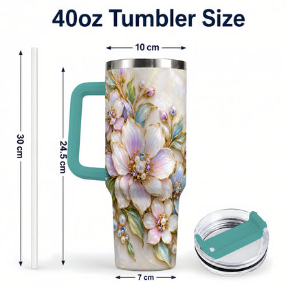#pl[40oz|Green] Pastel Floral 40oz Tumbler with Handle, Pearl Stainless Steel Travel Cup