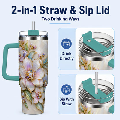 #pl[40oz|Green] Pastel Floral 40oz Tumbler with Handle, Pearl Stainless Steel Travel Cup
