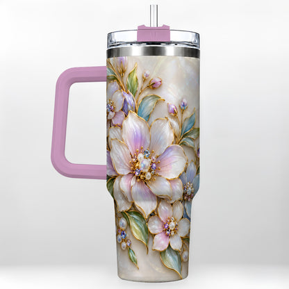 #pl[40oz|Pink] Pastel Floral 40oz Tumbler with Handle, Pearl Stainless Steel Travel Cup