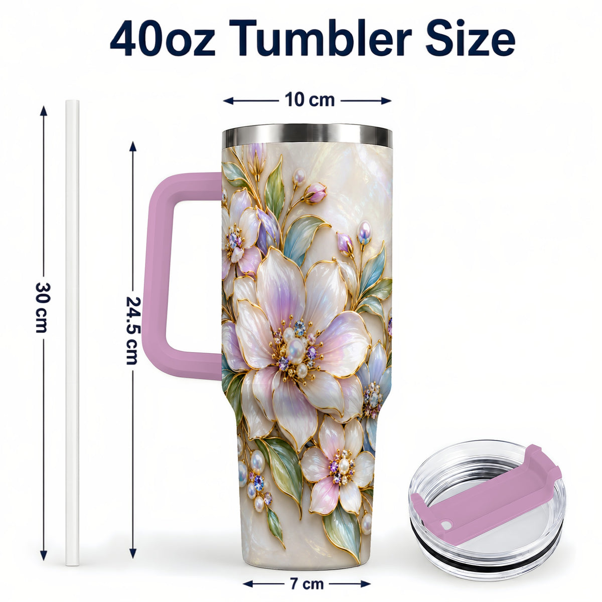 #pl[40oz|Pink] Pastel Floral 40oz Tumbler with Handle, Pearl Stainless Steel Travel Cup