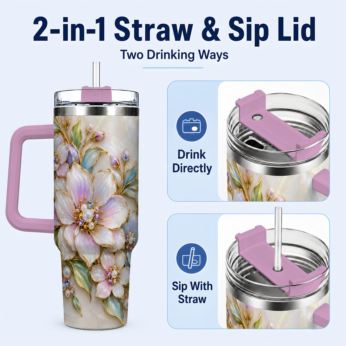 #pl[40oz|Pink] Pastel Floral 40oz Tumbler with Handle, Pearl Stainless Steel Travel Cup