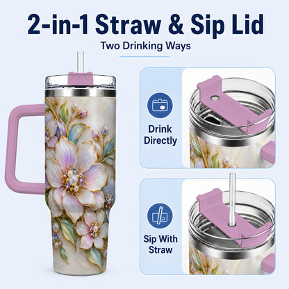 #pl[40oz|Pink] Pastel Floral 40oz Tumbler with Handle, Pearl Stainless Steel Travel Cup