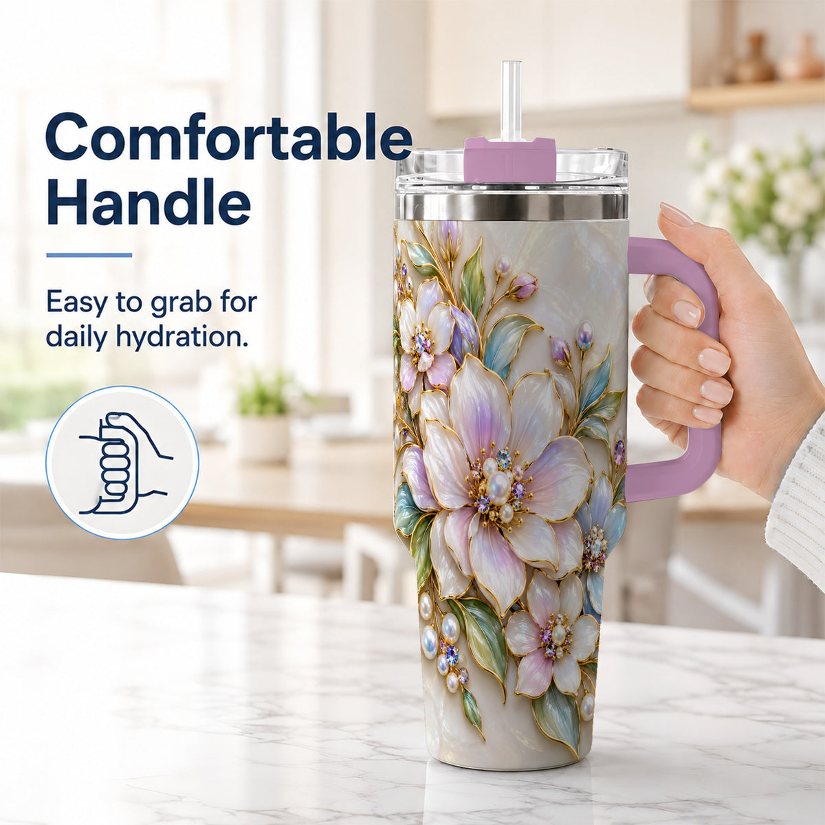 #pl[40oz|Pink] Pastel Floral 40oz Tumbler with Handle, Pearl Stainless Steel Travel Cup