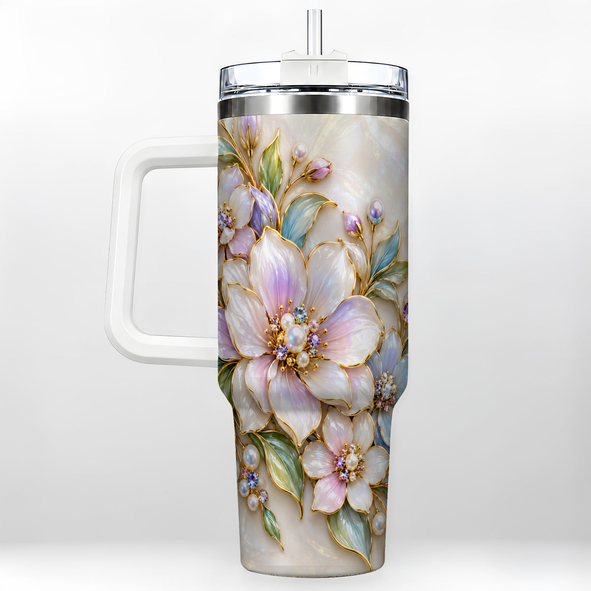 Pastel Floral 40oz Tumbler with Handle, Pearl Stainless Steel Travel Cup
