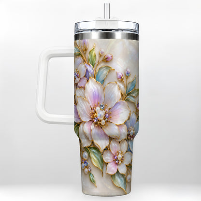 Pastel Floral 40oz Tumbler with Handle, Pearl Stainless Steel Travel Cup