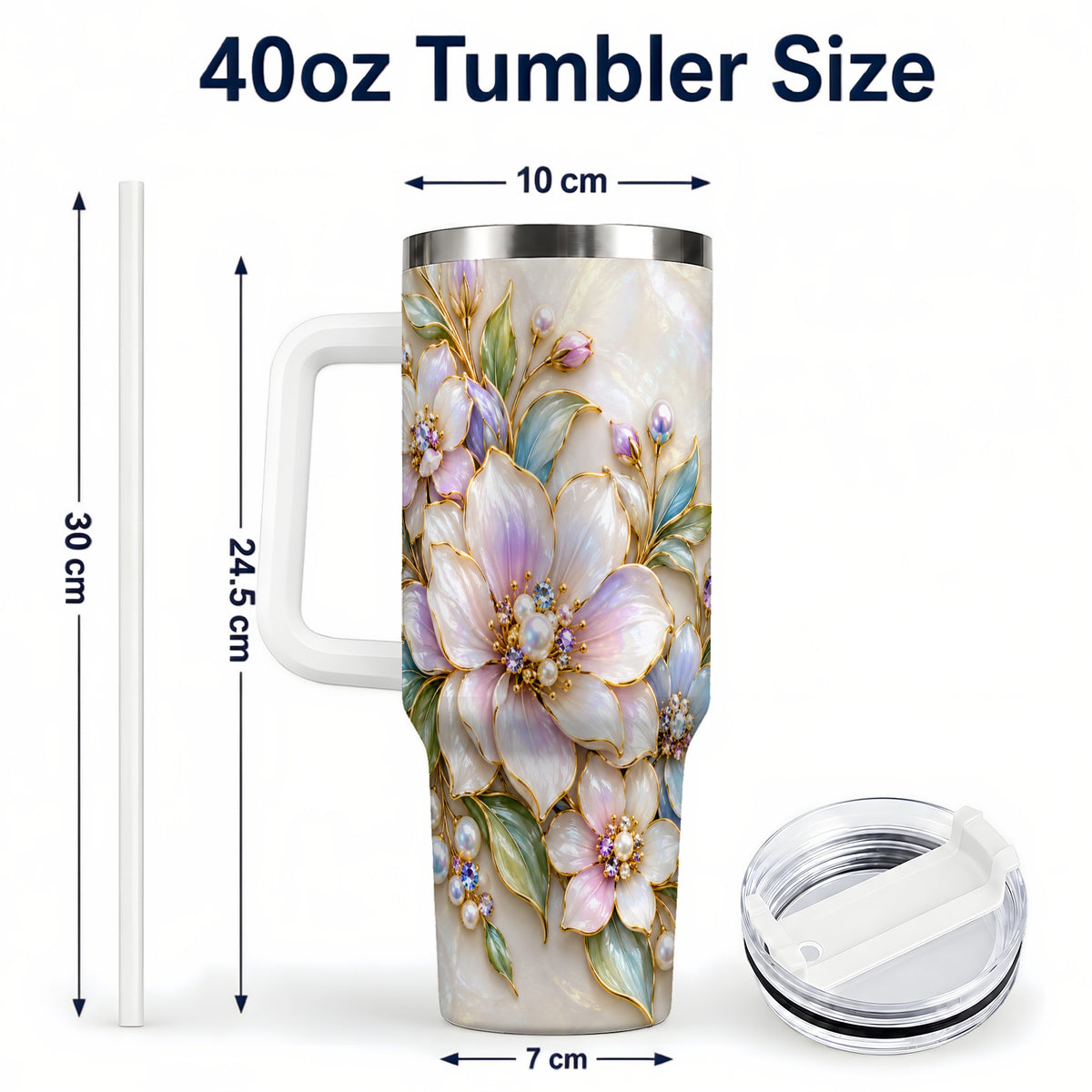 #pl[40oz|White] Pastel Floral 40oz Tumbler with Handle, Pearl Stainless Steel Travel Cup