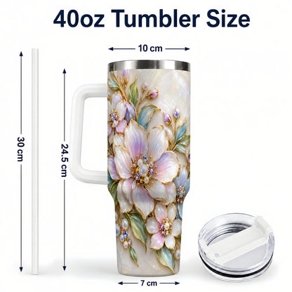 #pl[40oz|White] Pastel Floral 40oz Tumbler with Handle, Pearl Stainless Steel Travel Cup