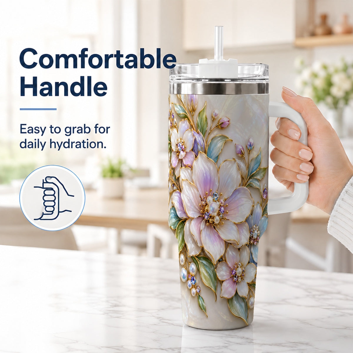 #pl[40oz|White] Pastel Floral 40oz Tumbler with Handle, Pearl Stainless Steel Travel Cup