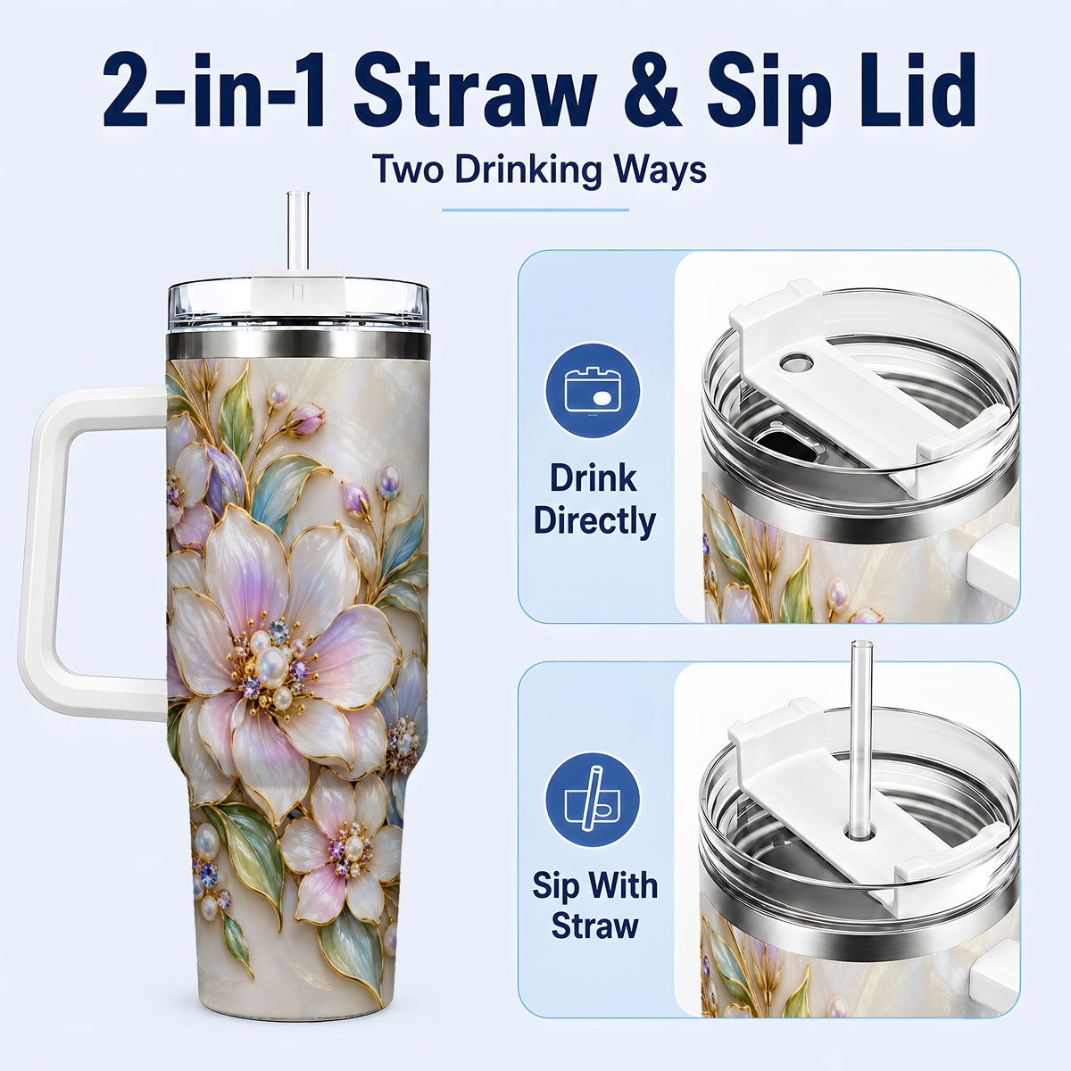 #pl[40oz|White] Pastel Floral 40oz Tumbler with Handle, Pearl Stainless Steel Travel Cup