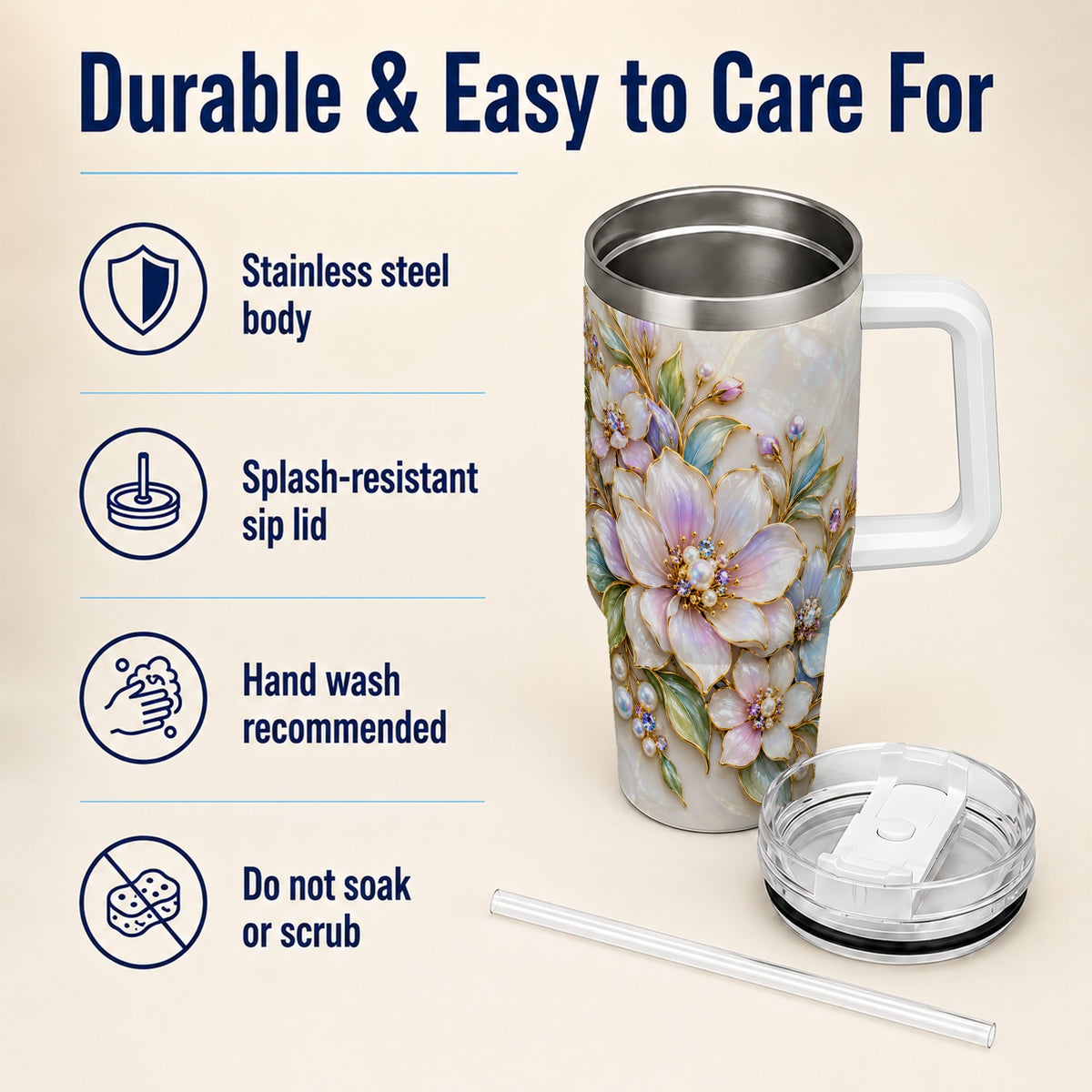 Pastel Floral 40oz Tumbler with Handle, Pearl Stainless Steel Travel Cup