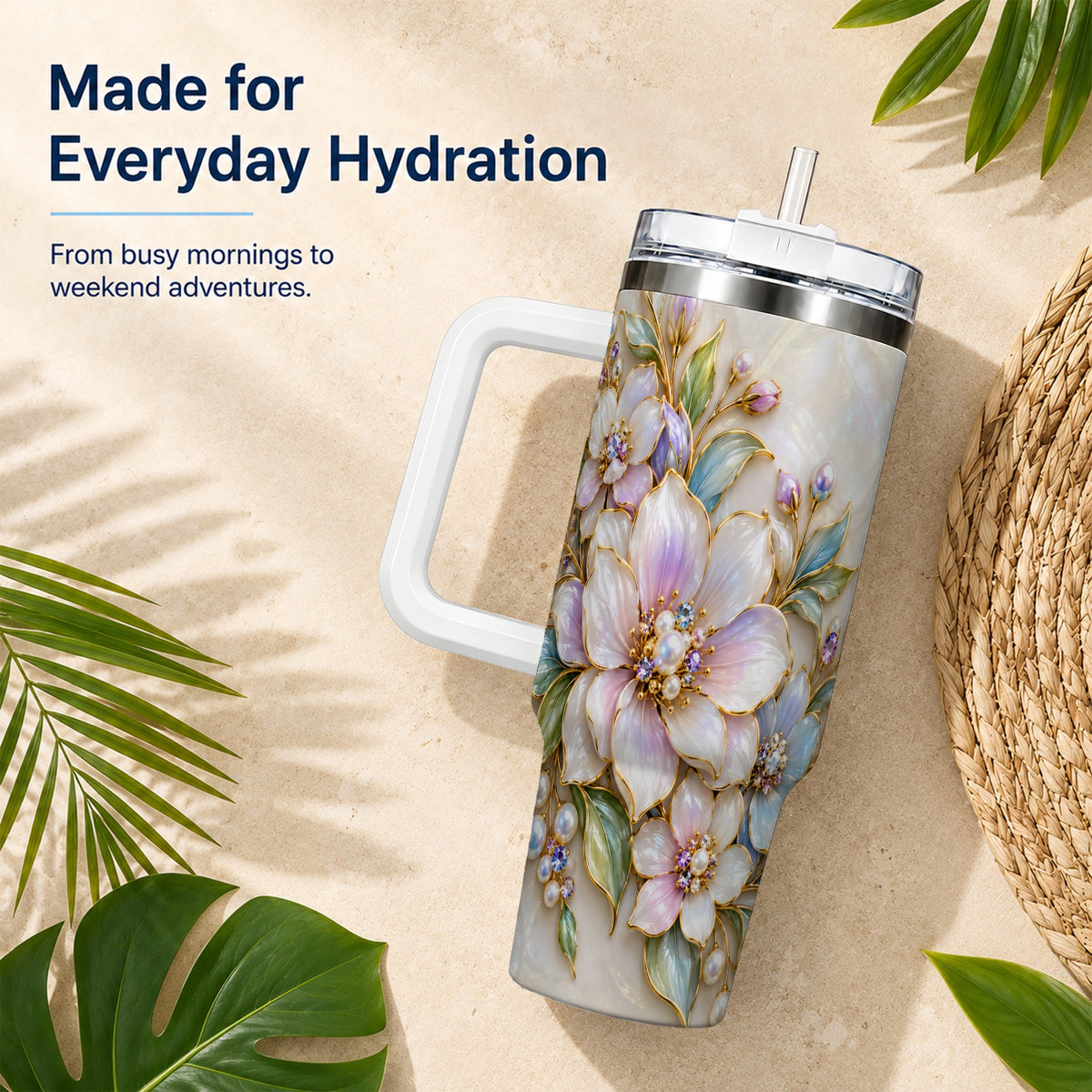 Pastel Floral 40oz Tumbler with Handle, Pearl Stainless Steel Travel Cup