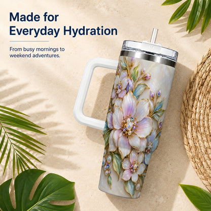 Pastel Floral 40oz Tumbler with Handle, Pearl Stainless Steel Travel Cup