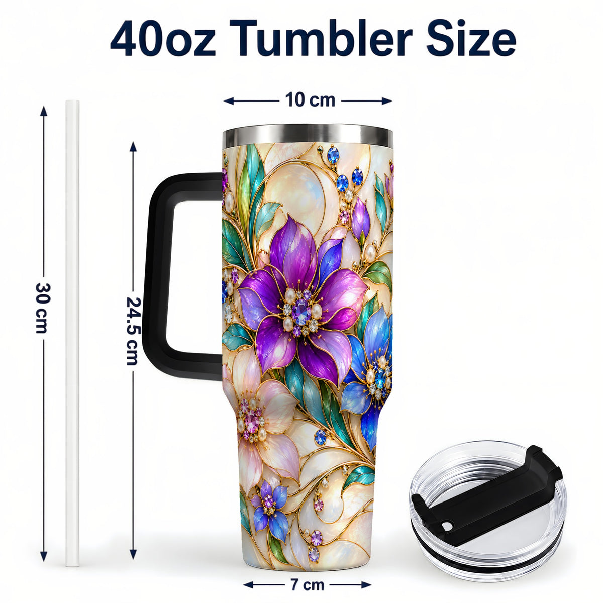 #pl[40oz|Black] Gem Floral 40oz Tumbler with Handle, Colorful Stainless Steel Travel Cup