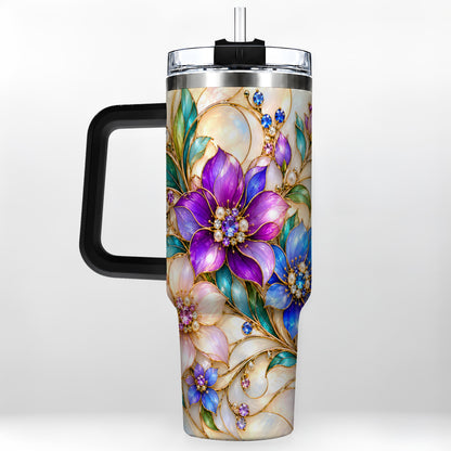 #pl[40oz|Black] Gem Floral 40oz Tumbler with Handle, Colorful Stainless Steel Travel Cup