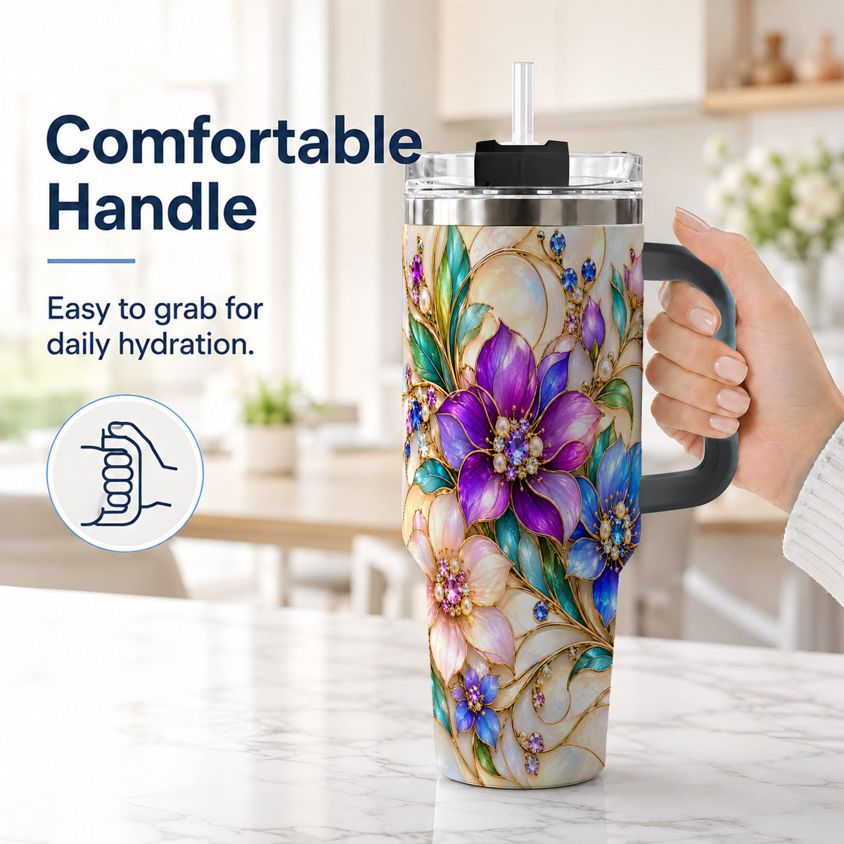 #pl[40oz|Black] Gem Floral 40oz Tumbler with Handle, Colorful Stainless Steel Travel Cup
