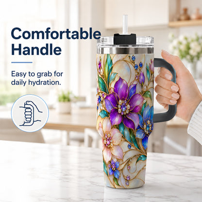 #pl[40oz|Black] Gem Floral 40oz Tumbler with Handle, Colorful Stainless Steel Travel Cup