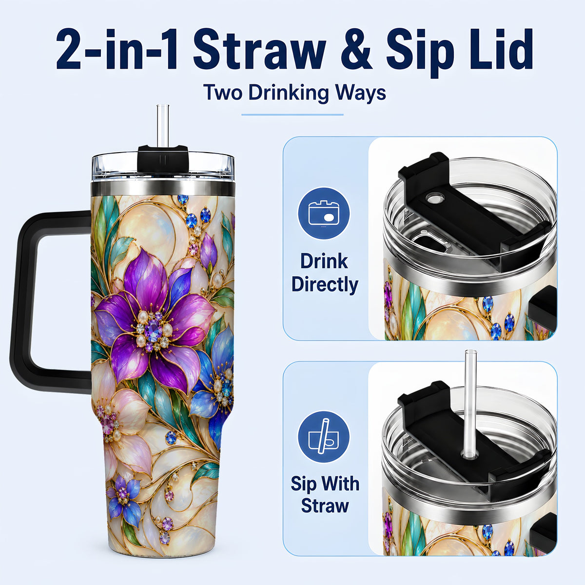 #pl[40oz|Black] Gem Floral 40oz Tumbler with Handle, Colorful Stainless Steel Travel Cup