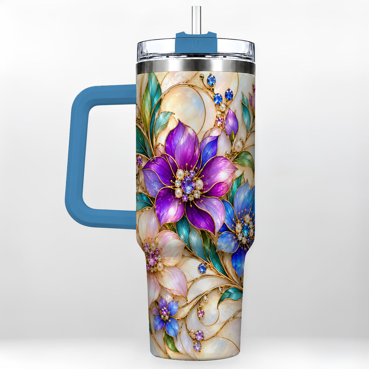 #pl[40oz|Blue] Gem Floral 40oz Tumbler with Handle, Colorful Stainless Steel Travel Cup