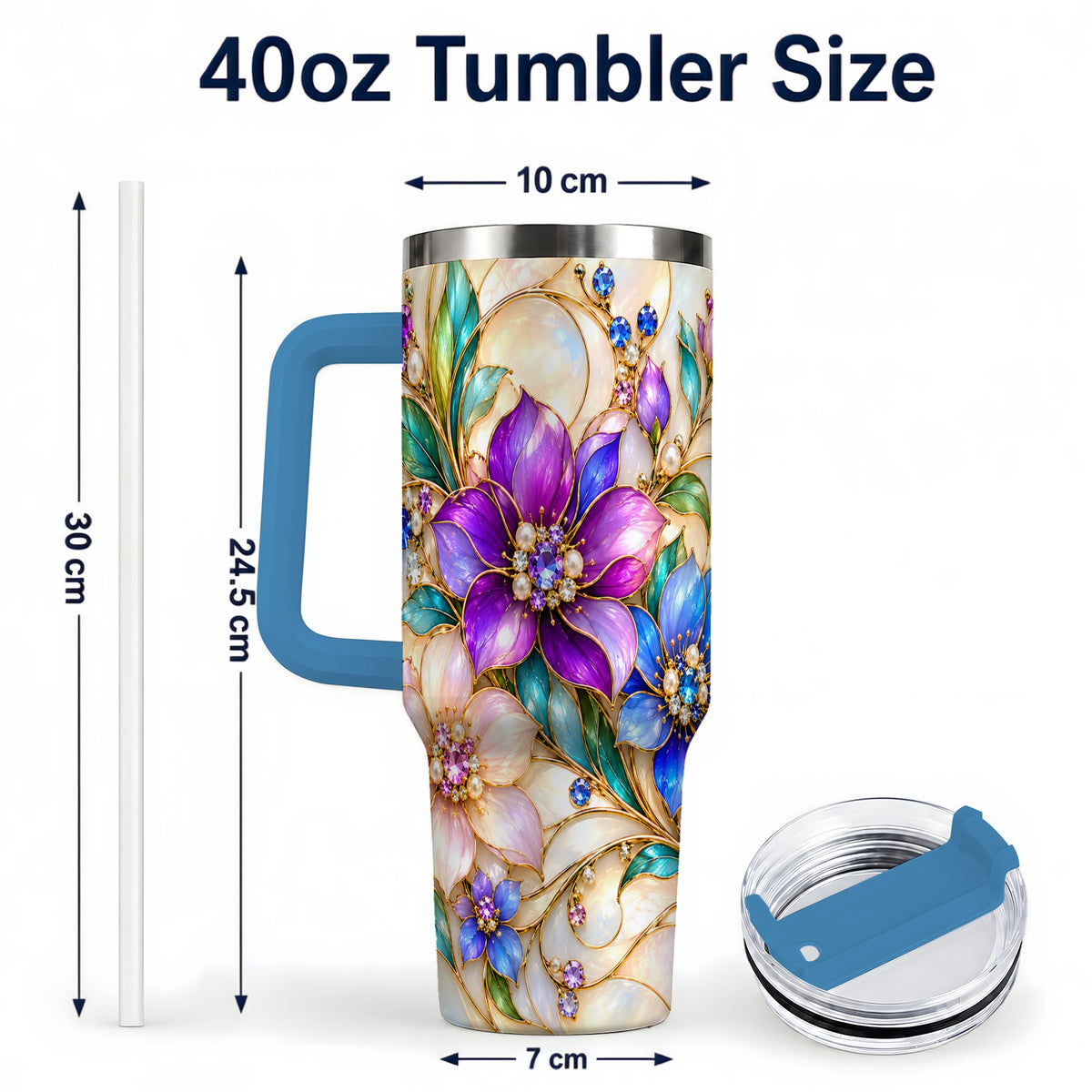 #pl[40oz|Blue] Gem Floral 40oz Tumbler with Handle, Colorful Stainless Steel Travel Cup