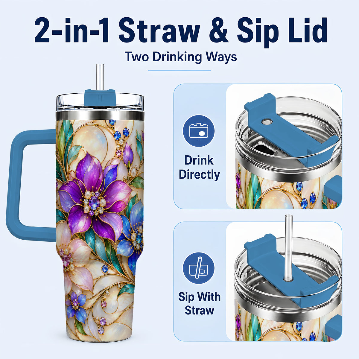 #pl[40oz|Blue] Gem Floral 40oz Tumbler with Handle, Colorful Stainless Steel Travel Cup