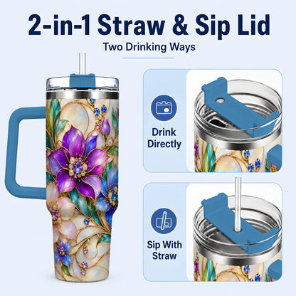 #pl[40oz|Blue] Gem Floral 40oz Tumbler with Handle, Colorful Stainless Steel Travel Cup